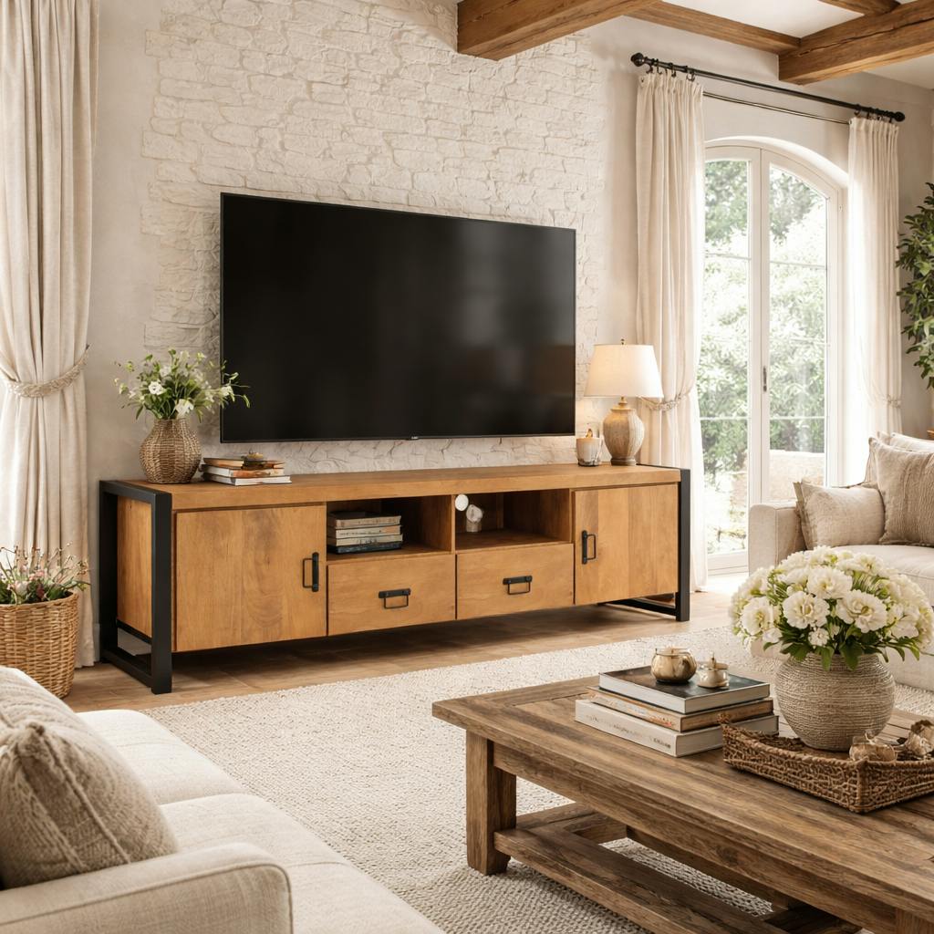 Long meuble TV bois clair métal noir 2 portes MILORA