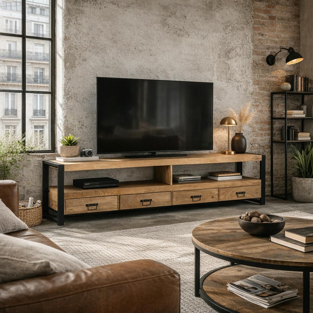 Long meuble TV bois clair métal noir 4 tiroirs MILORA