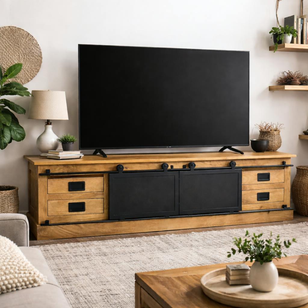 Long meuble TV bois métal style atelier à portes coulissantes CAMDEN