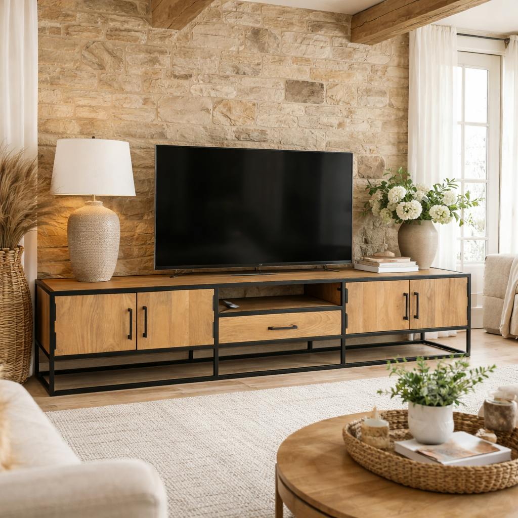 Long meuble TV en bois clair 4 portes 1 tiroir RIVANO