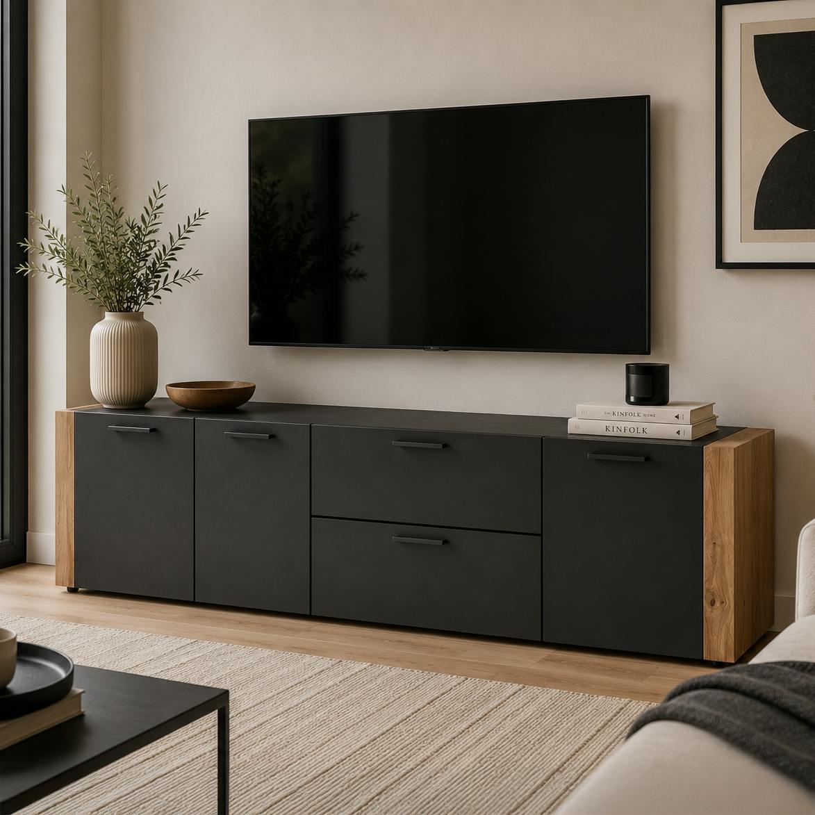 Long meuble TV gris foncé 3 portes 2 tiroirs ALVA