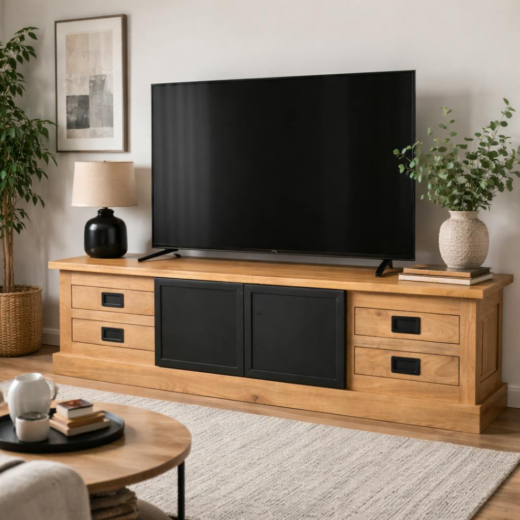 Long meuble TV industriel moderne à portes coulissantes CEYLAN