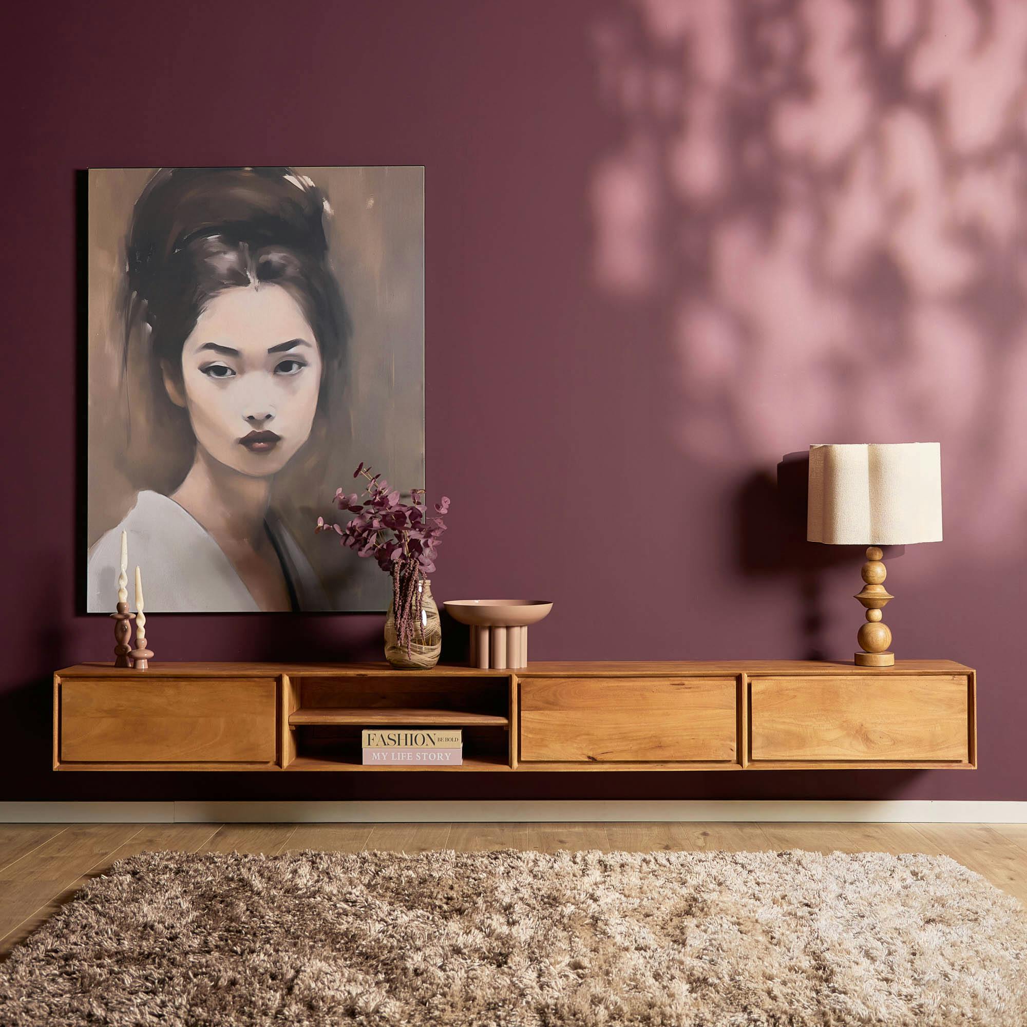 Long meuble TV suspendu bois 3 tiroirs 1 niche 280 cm AERA