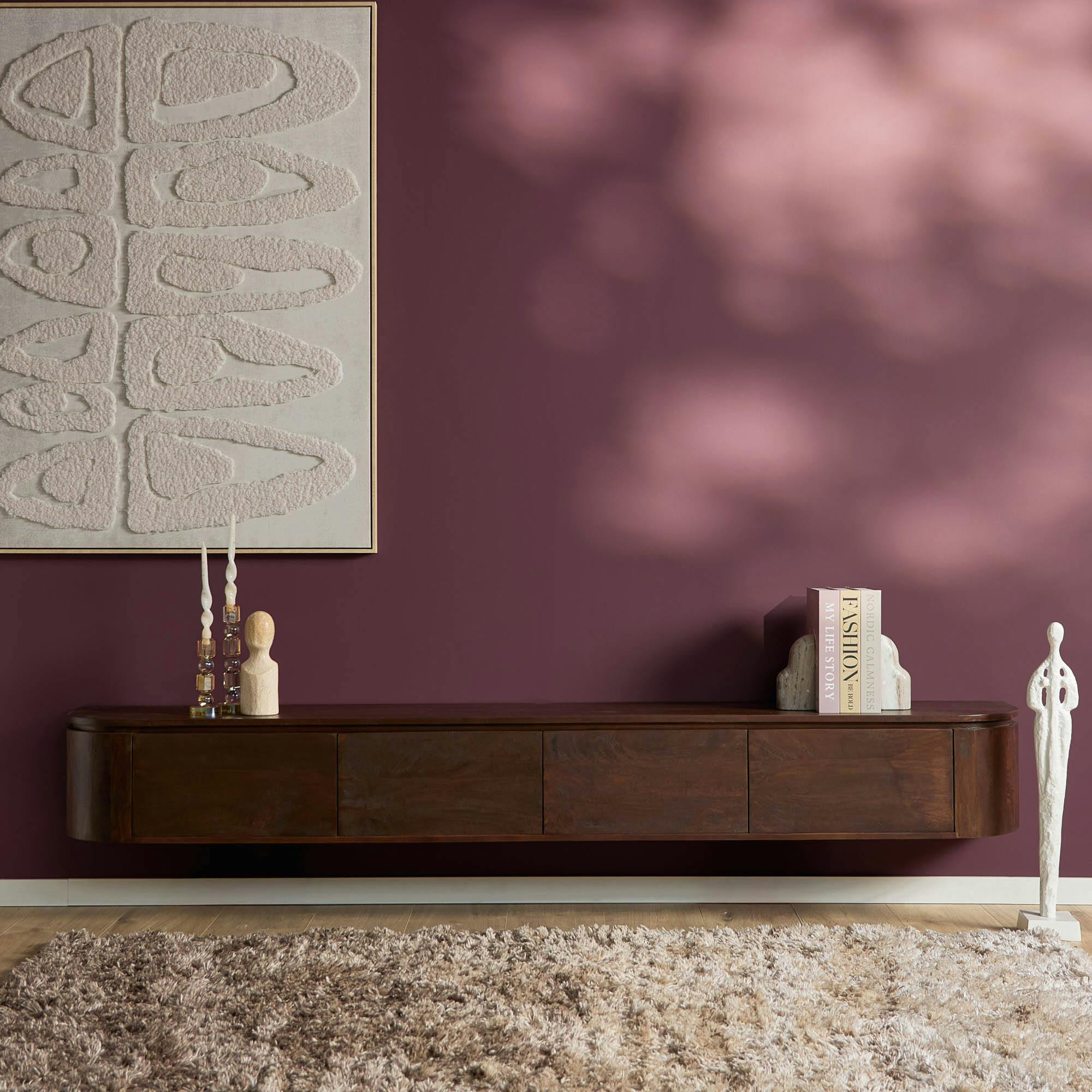 Long meuble TV suspendu bois foncé 240 cm AREZZO