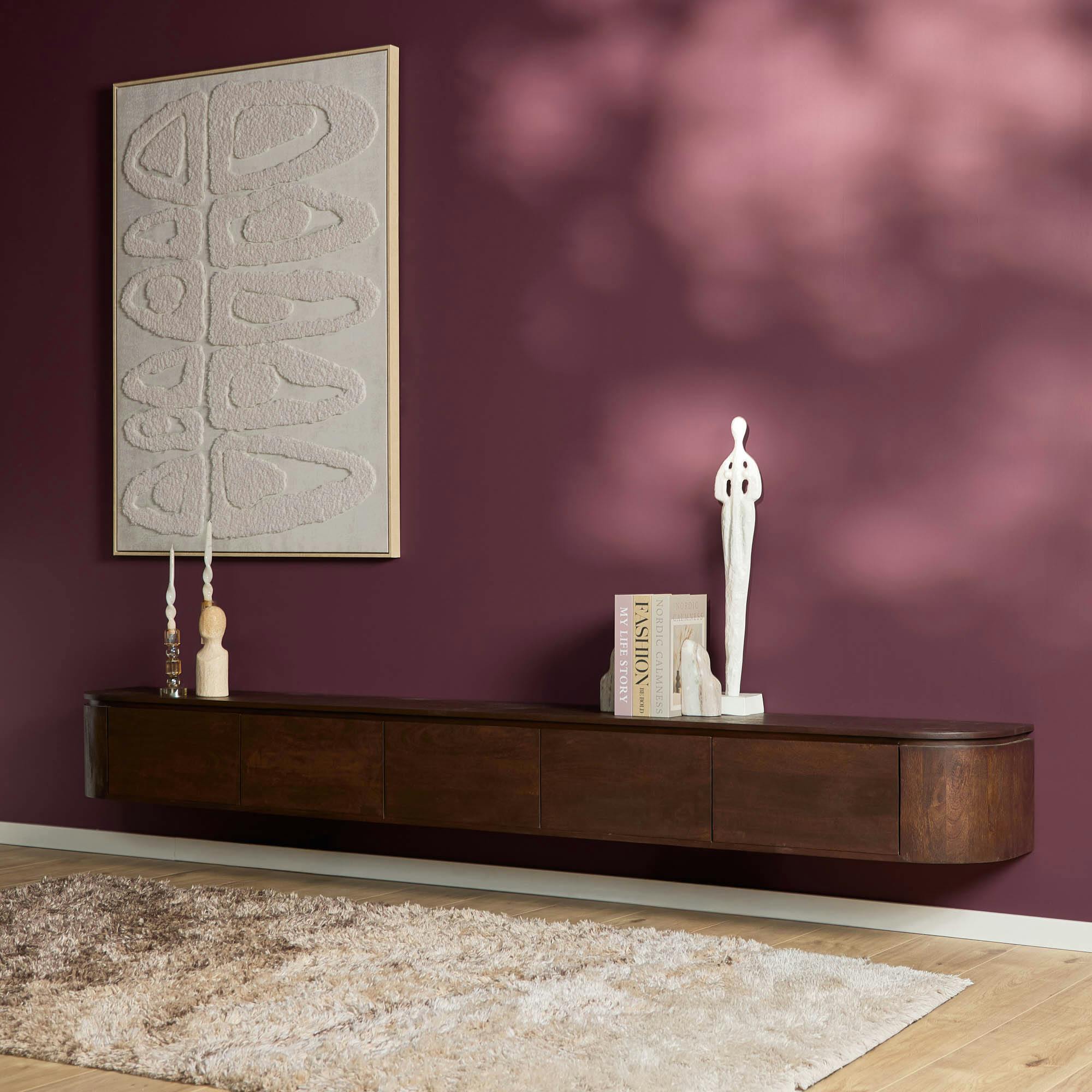 Long meuble TV suspendu bois foncé 280 cm AREZZO