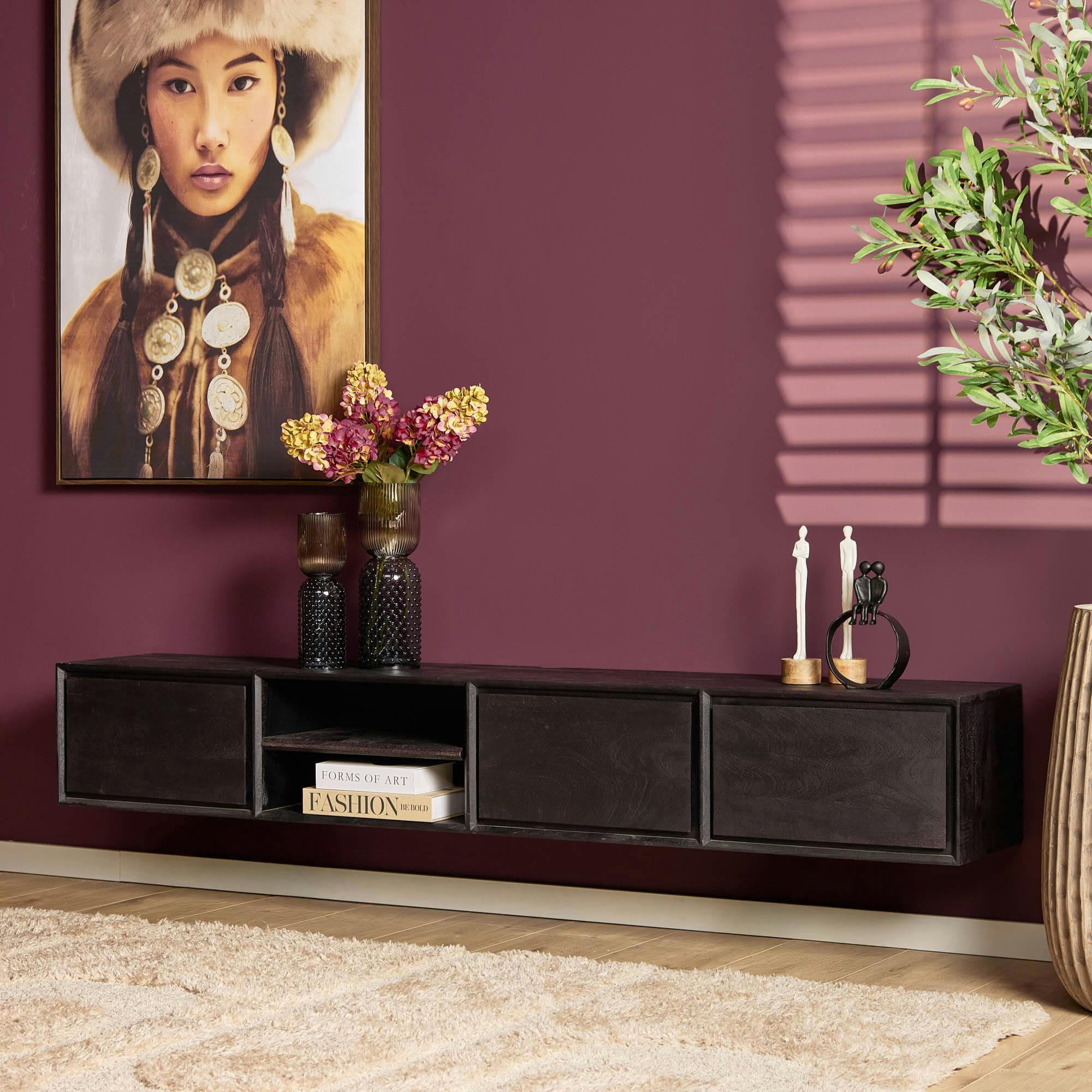 Long meuble TV suspendu bois noir 3 tiroirs 1 niche 240 cm AERA