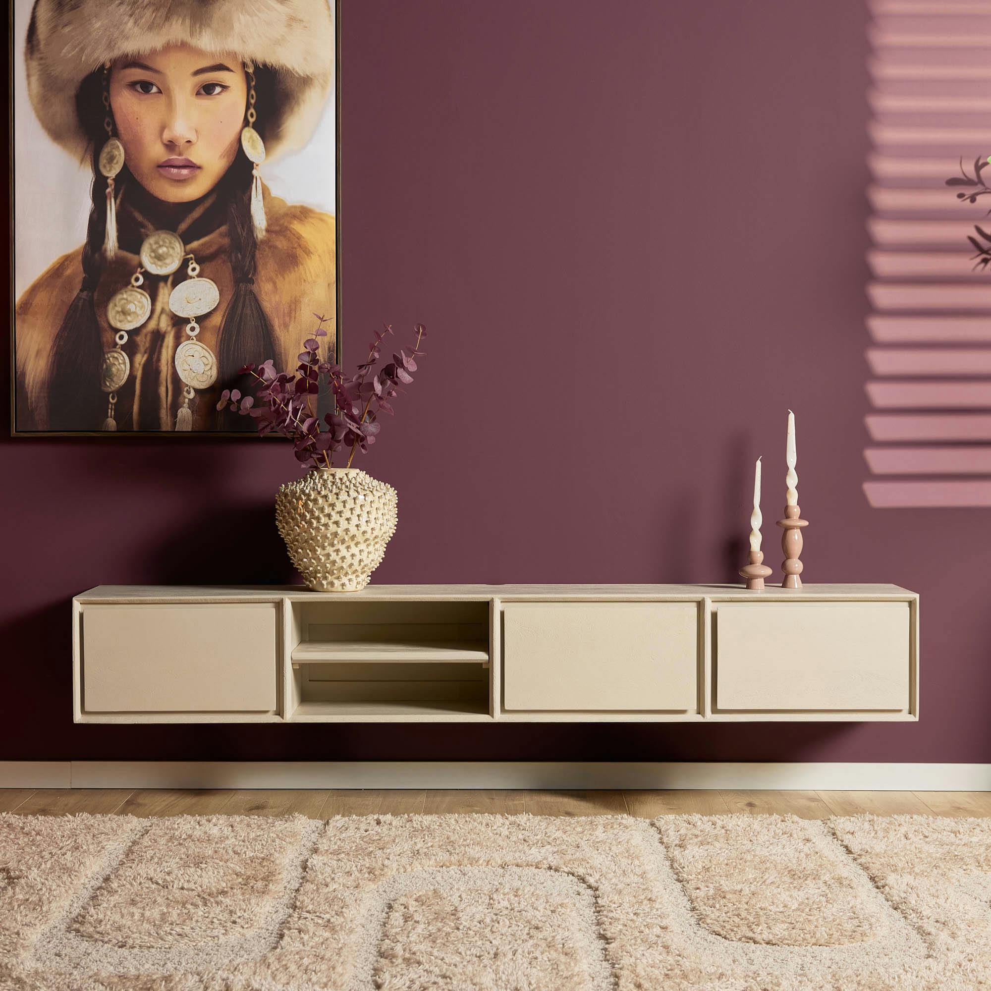 Long meuble TV suspendu bois sable 3 tiroirs 1 niche 280 cm AERA