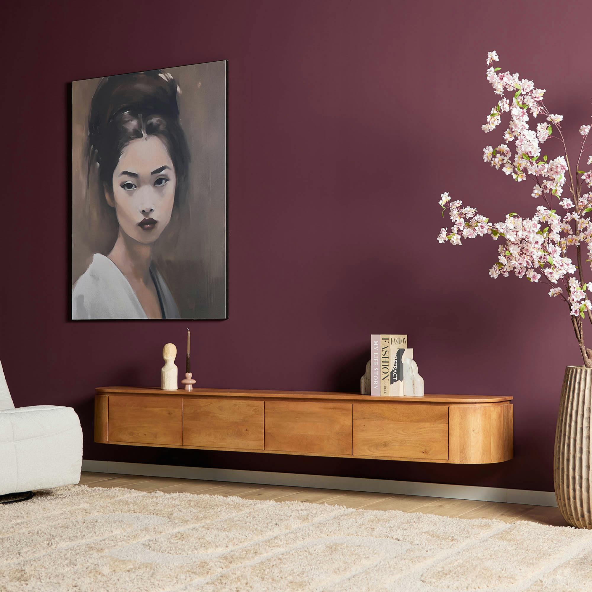 Long meuble TV suspendu en bois, bords arrondis 240 cm AREZZO