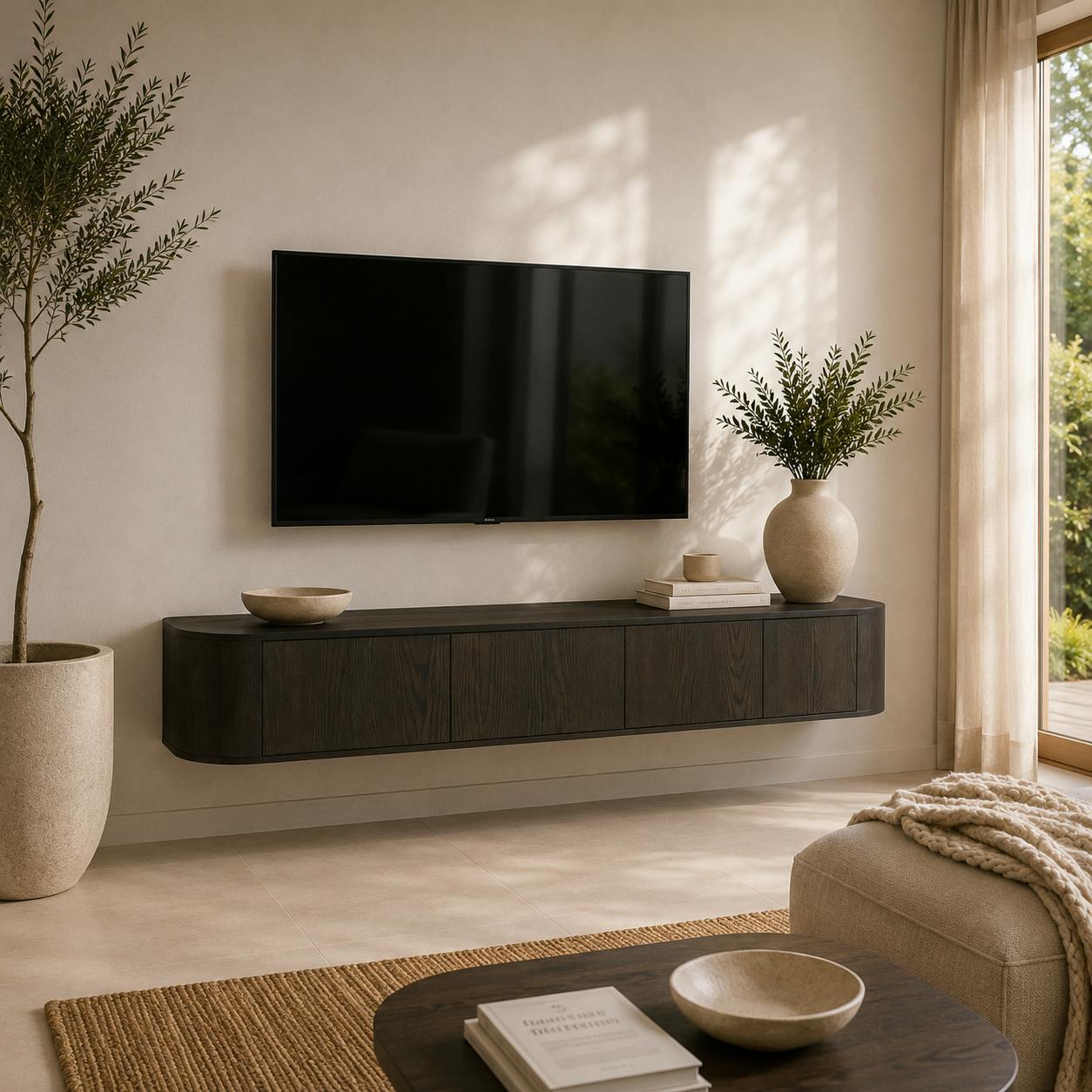 Long meuble TV suspendu en chêne brun 4 portes LOREN
