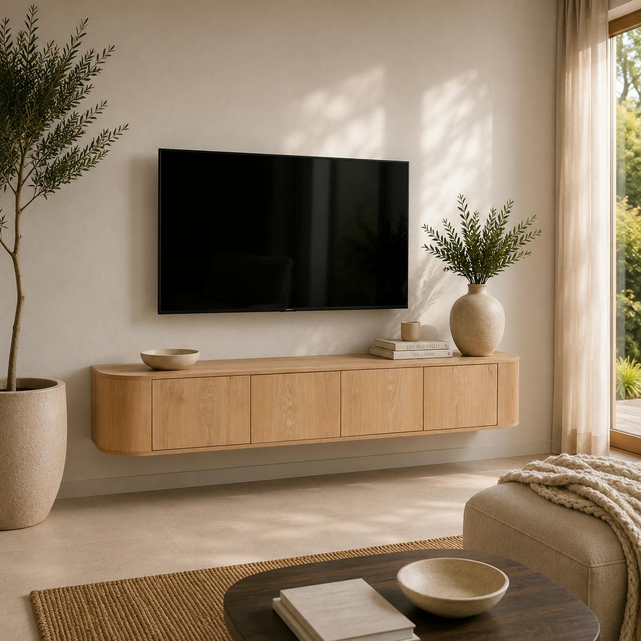 Long meuble TV suspendu en chêne clair 4 portes LOREN