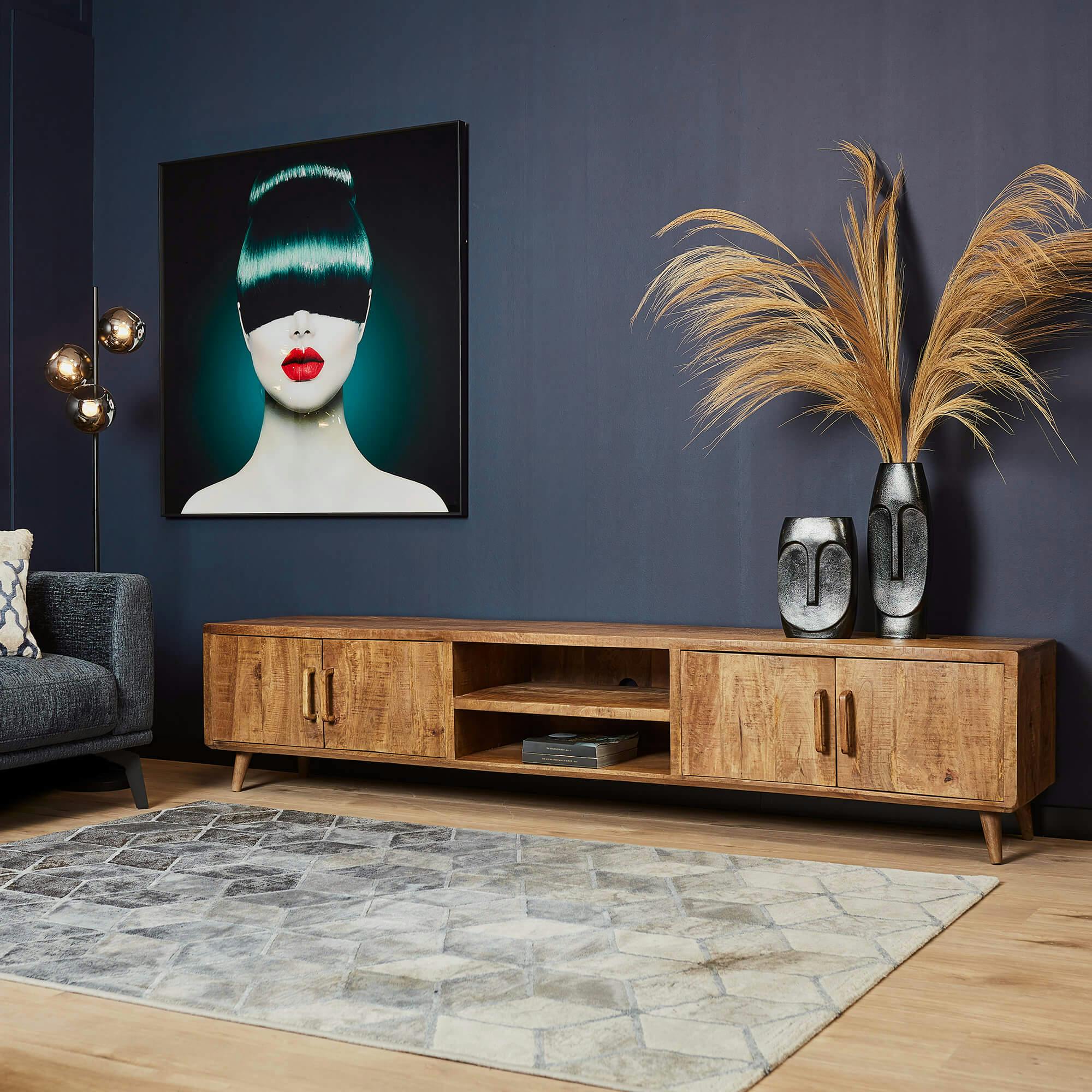Long meuble TV vintage en bois de manguier 4 portes 240 cm ALMA