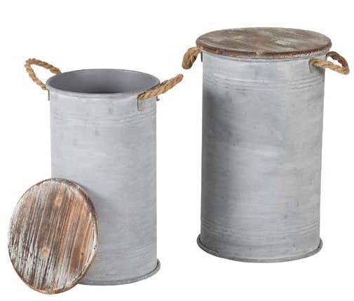 Lot de 2 bidons "HOME" en fer et couvercle en sapin D35xH55cm TOWN