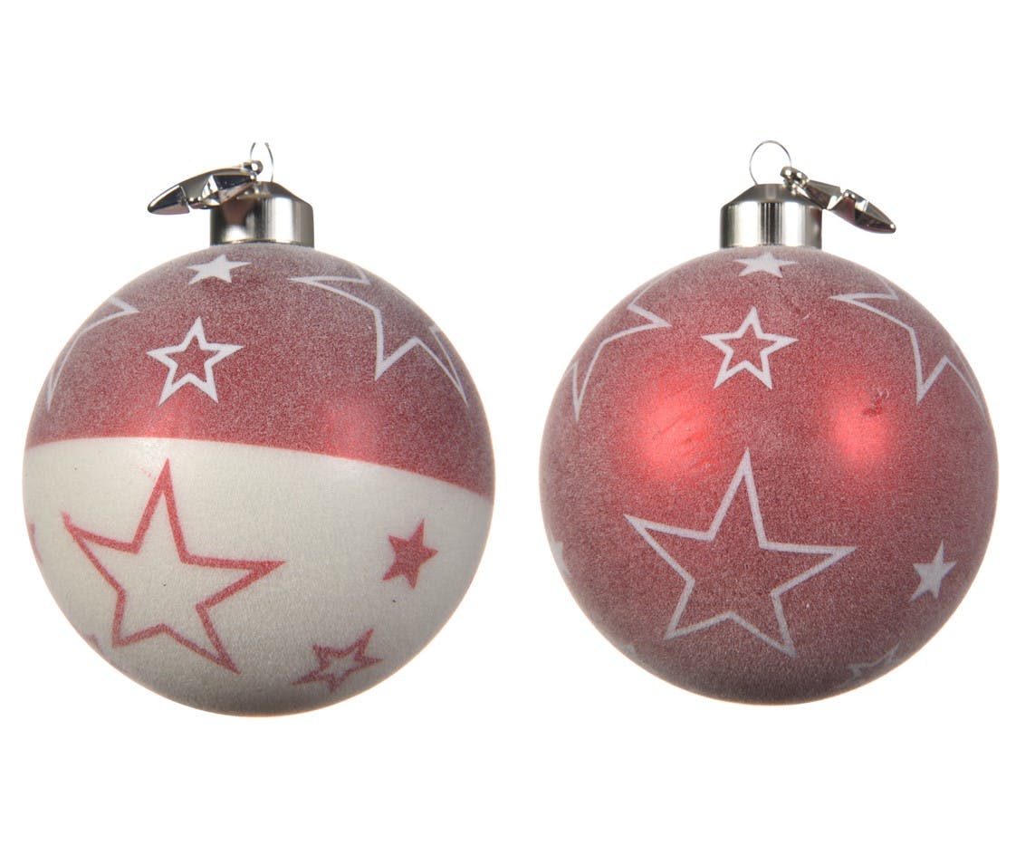 Lot de 2 boules de noël rouges et blanches décor étoiles D8cm