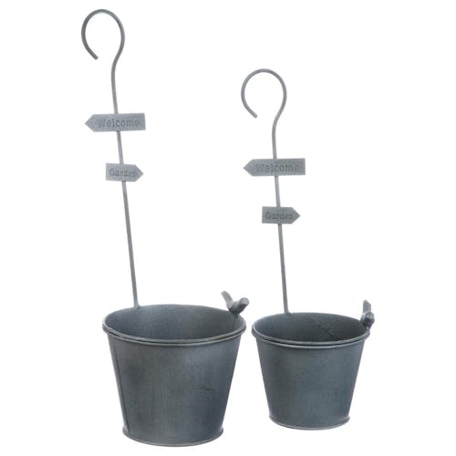 Lot de 2 cache-pots en métal gris "Welcome - Garden" à suspendre D16xH45cm
