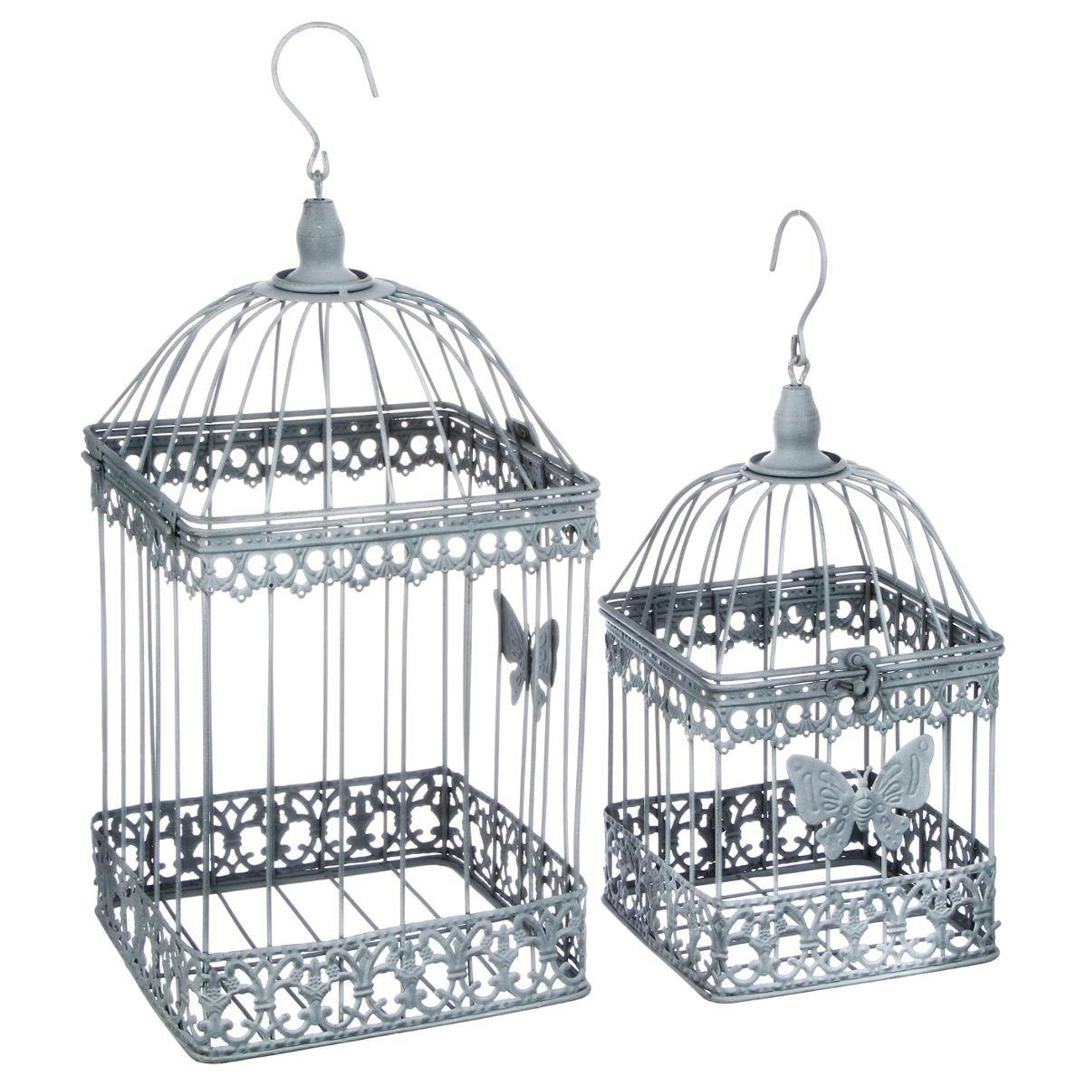 Lot de 2 cages à oiseaux déco décor papillon en métal gris à suspendre 20x20x45cm