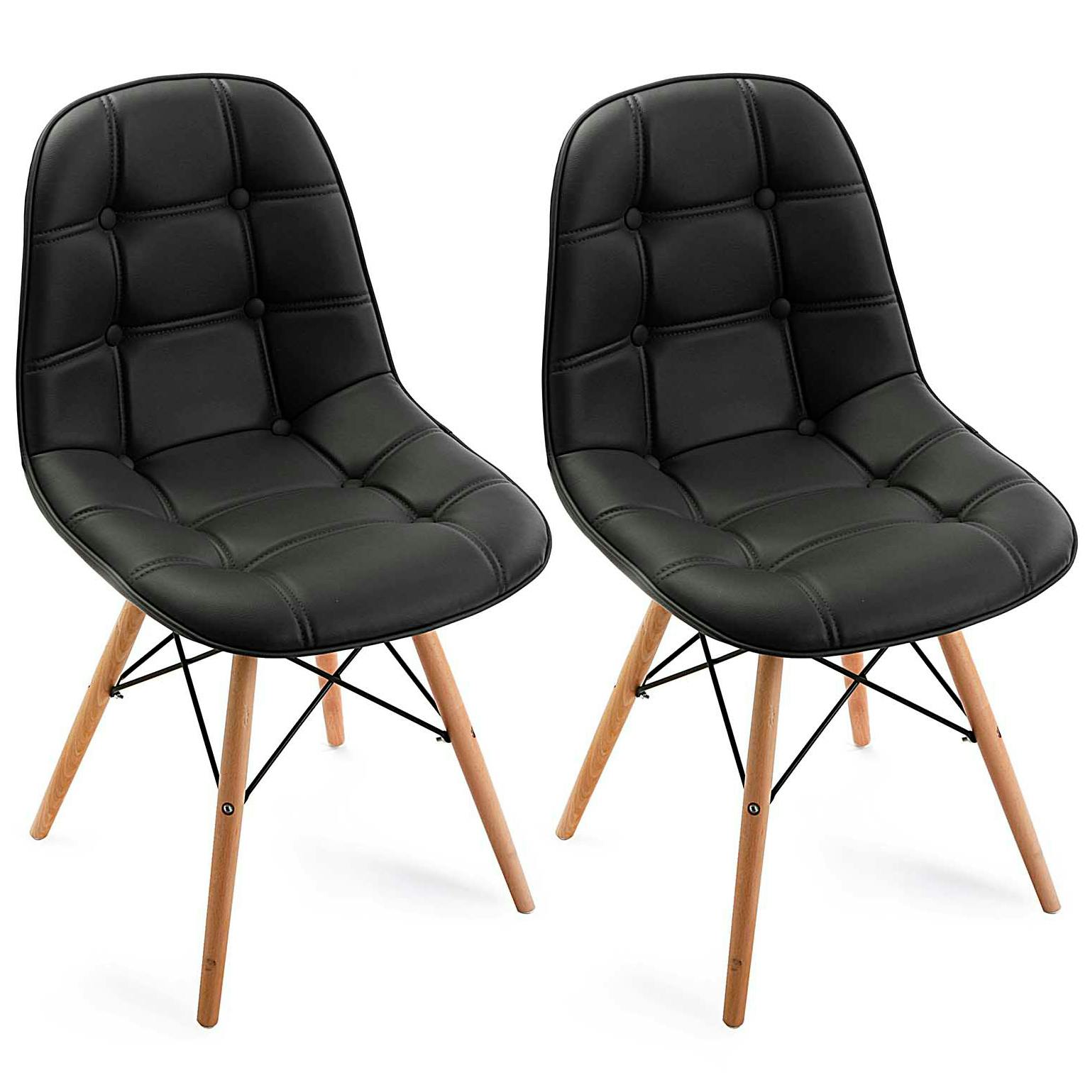Lot de 2 Chaises Capitonnées en PU noir et pieds bois 53x45x80cm MAYA2