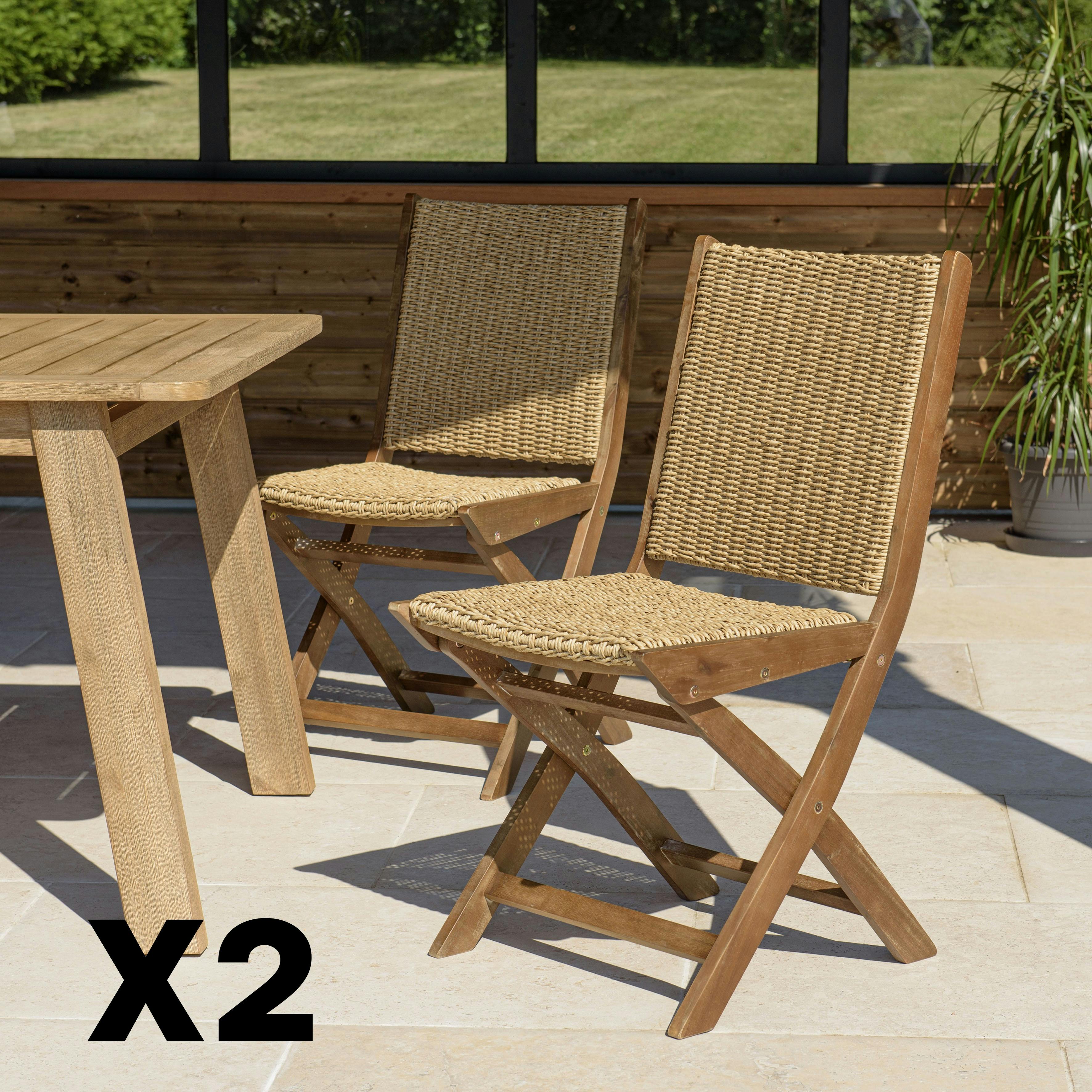 Lot de 2 chaises pliantes acacia huilé et rotin synthétique OSTIA