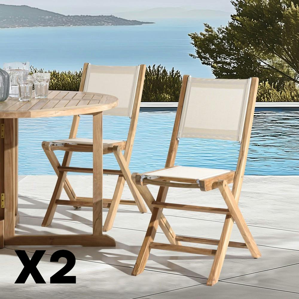 Lot de 2 chaises pliantes teck et textilène couleur beige ALERIA