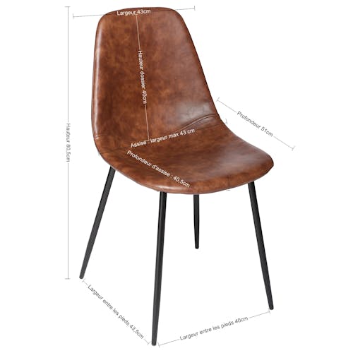 Lot de 2 chaises PU camel effet vieilli pieds métal noir 53x43x82cm