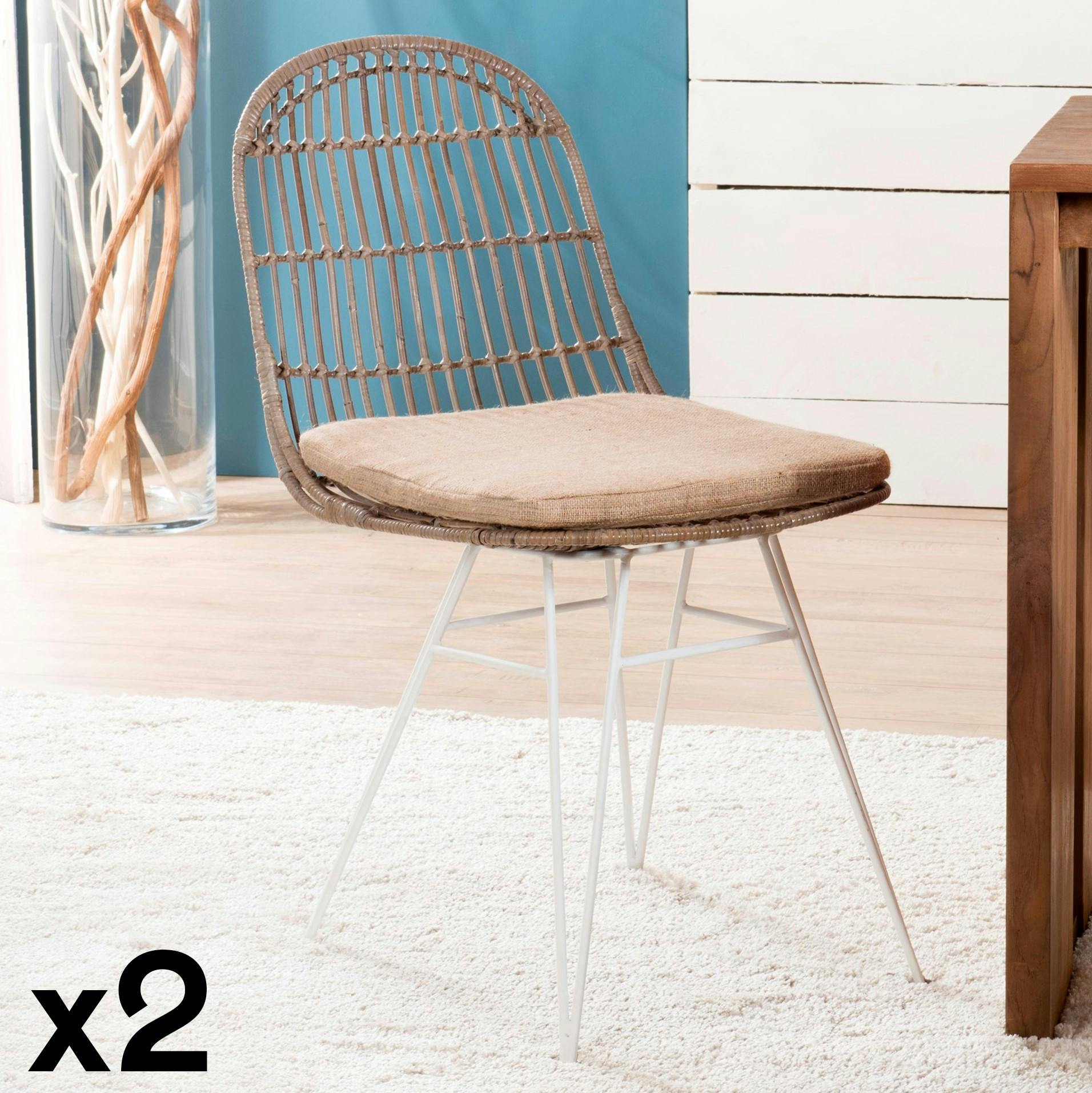 Lot de 2 chaises rotin kubu dossier rond pieds métal blanc Bogor