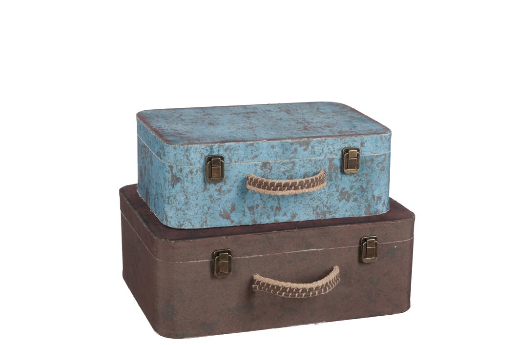 Lot de 2 coffres en bois, coloris marron et bleu