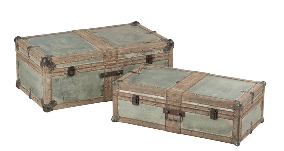Lot de 2 coffres en bois et métal argenté 70x40x26cm