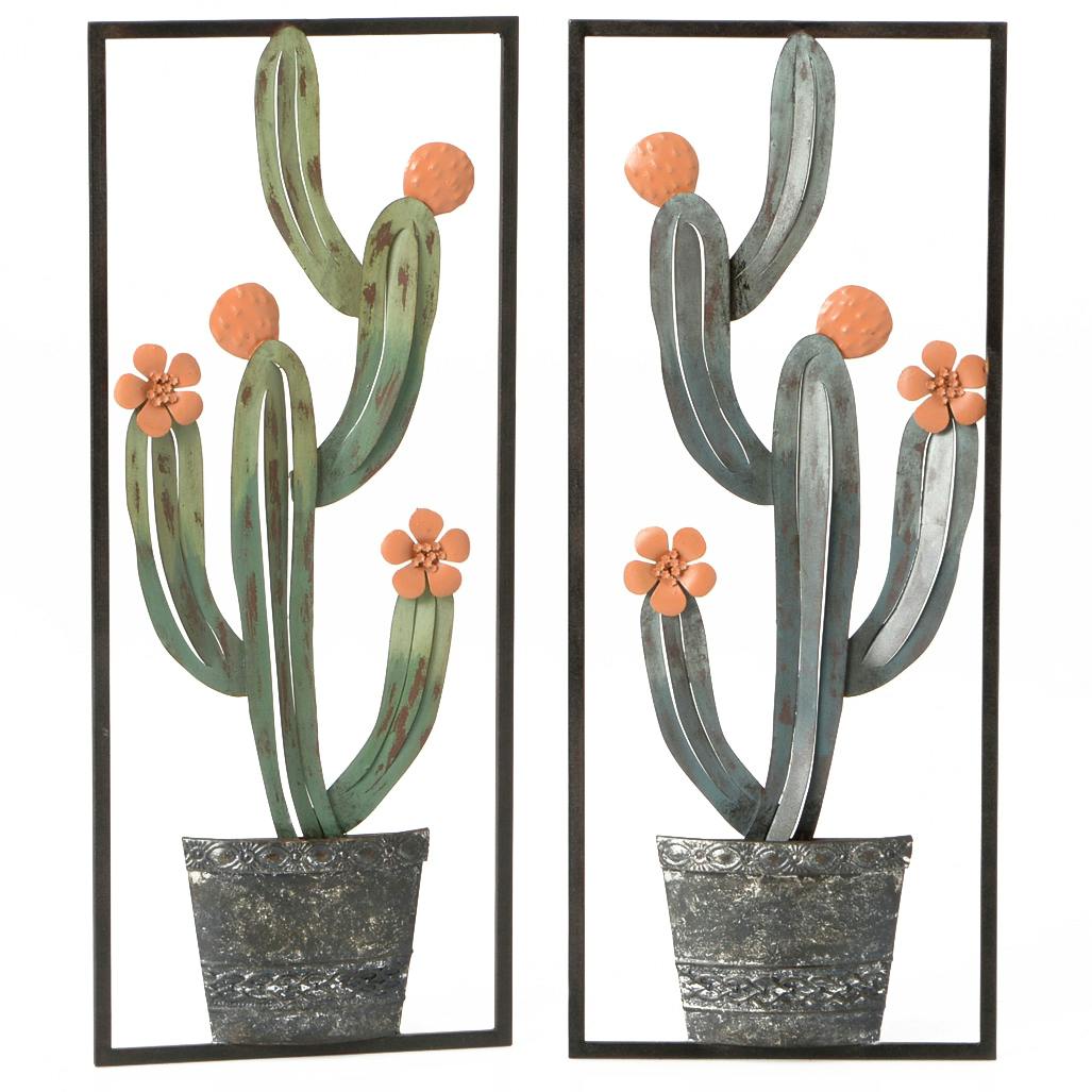 Lot de 2 Décorations murales Cactus avec cadre en métal 25x61cm
