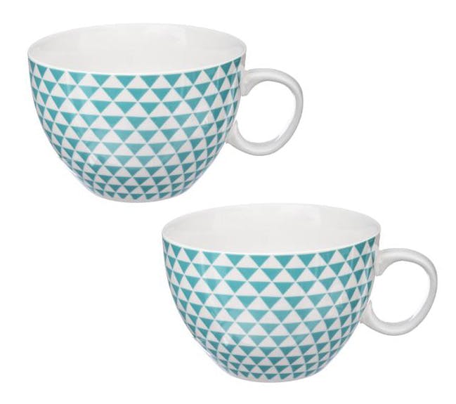 Lot de 2 déjeuners en porcelaine blanche motif triangles géométriques bleu clair D11xH8cm