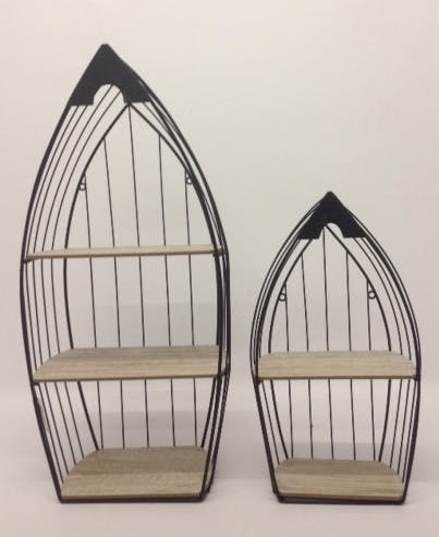 Lot de 2 étagères forme bateau métal noir et étagères bois 19x35x76cm