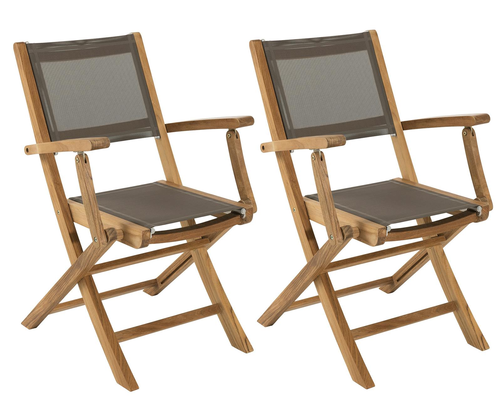 Lot de 2 Fauteuils de Jardin pliants Teck Textilène taupe SUMMER ref. 30020803