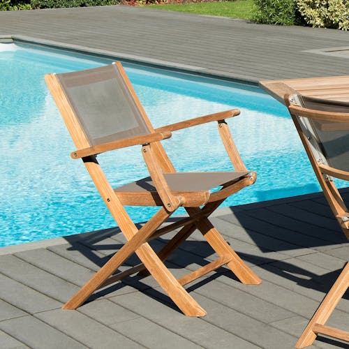 Lot de 2 Fauteuils de Jardin pliants Teck Textilène taupe SUMMER ref. 30020803