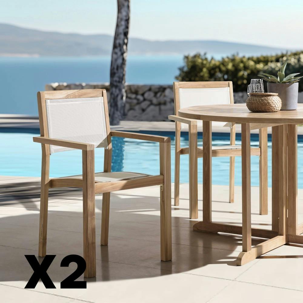 Lot de 2 fauteuils empilables teck et textilène couleur beige ALERIA