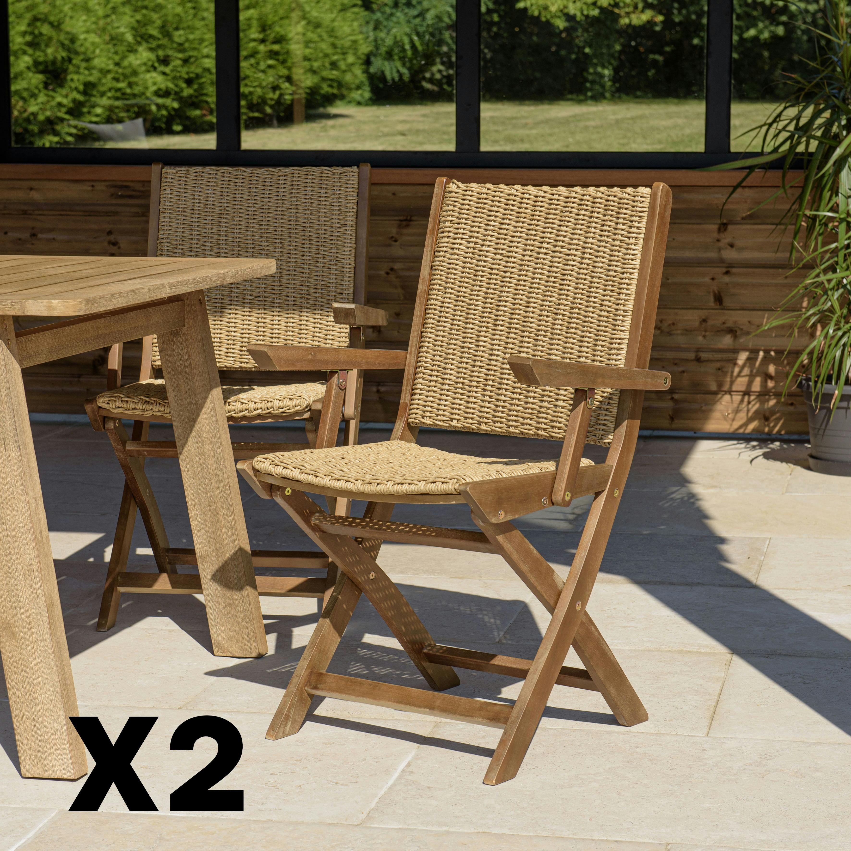 Lot de 2 fauteuils pliants acacia huilé et rotin synthétique OSTIA