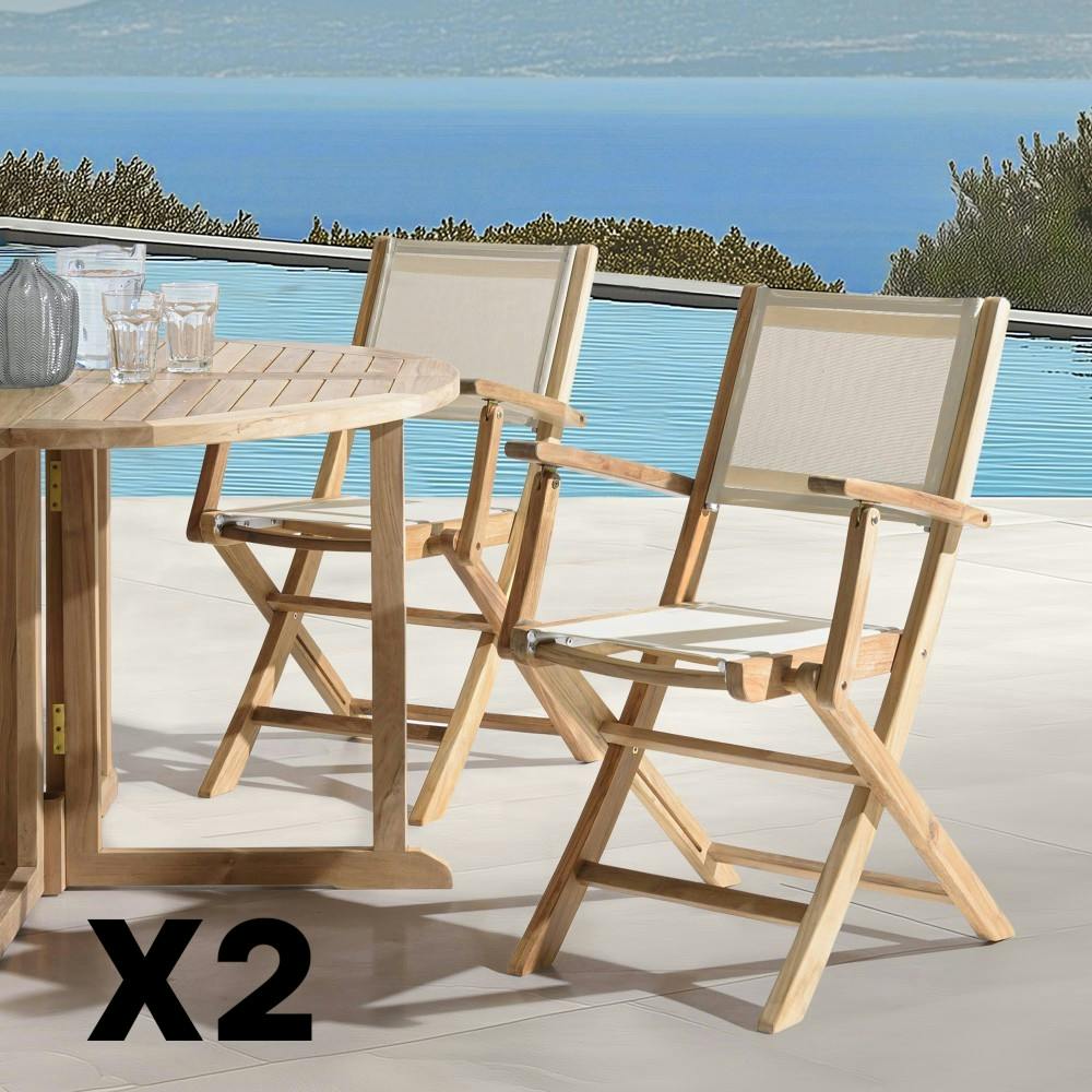 Lot de 2 fauteuils pliants teck et textilène couleur beige  ALERIA