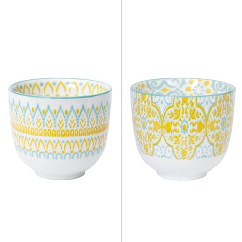 Lot de 2 gobelets décor graphique porcelaine tons jaunes et bleus D5x5,5cm