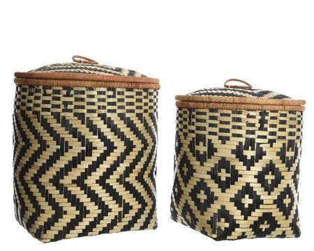 Lot de 2 paniers avec couvercle en bambou naturel graphisme noir