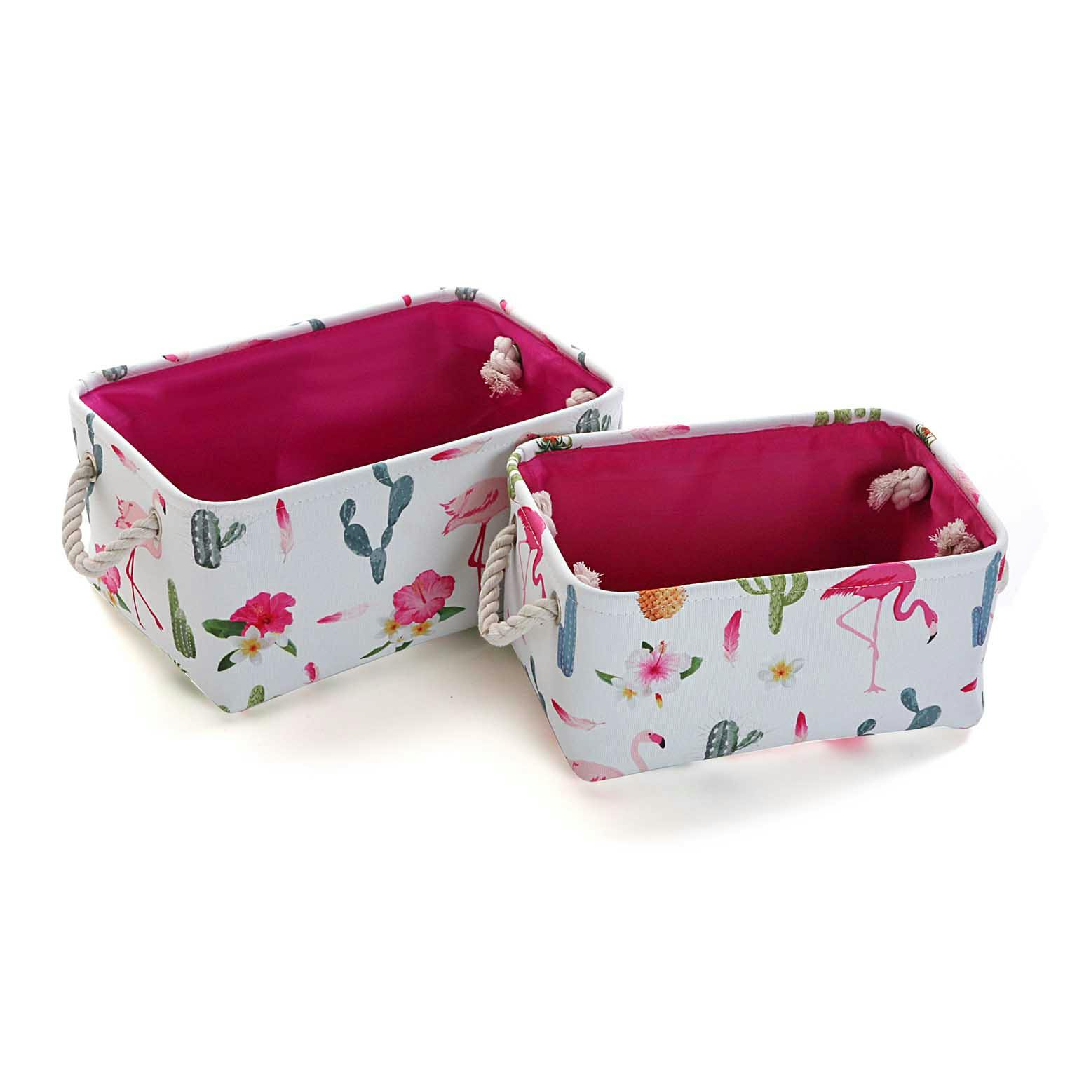 Lot de 2 Paniers en textile motif Flamant Rose à anses 25x35x16cm