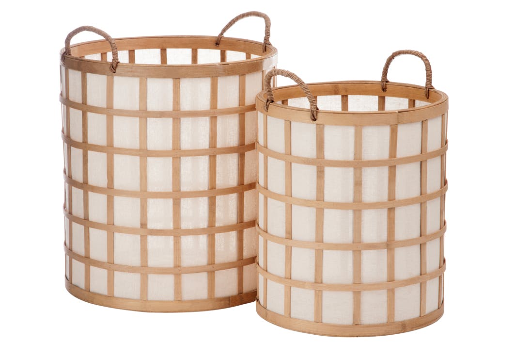 Lot de 2 paniers ronds avec anses bambou naturel et tissu, 37x37x41cm