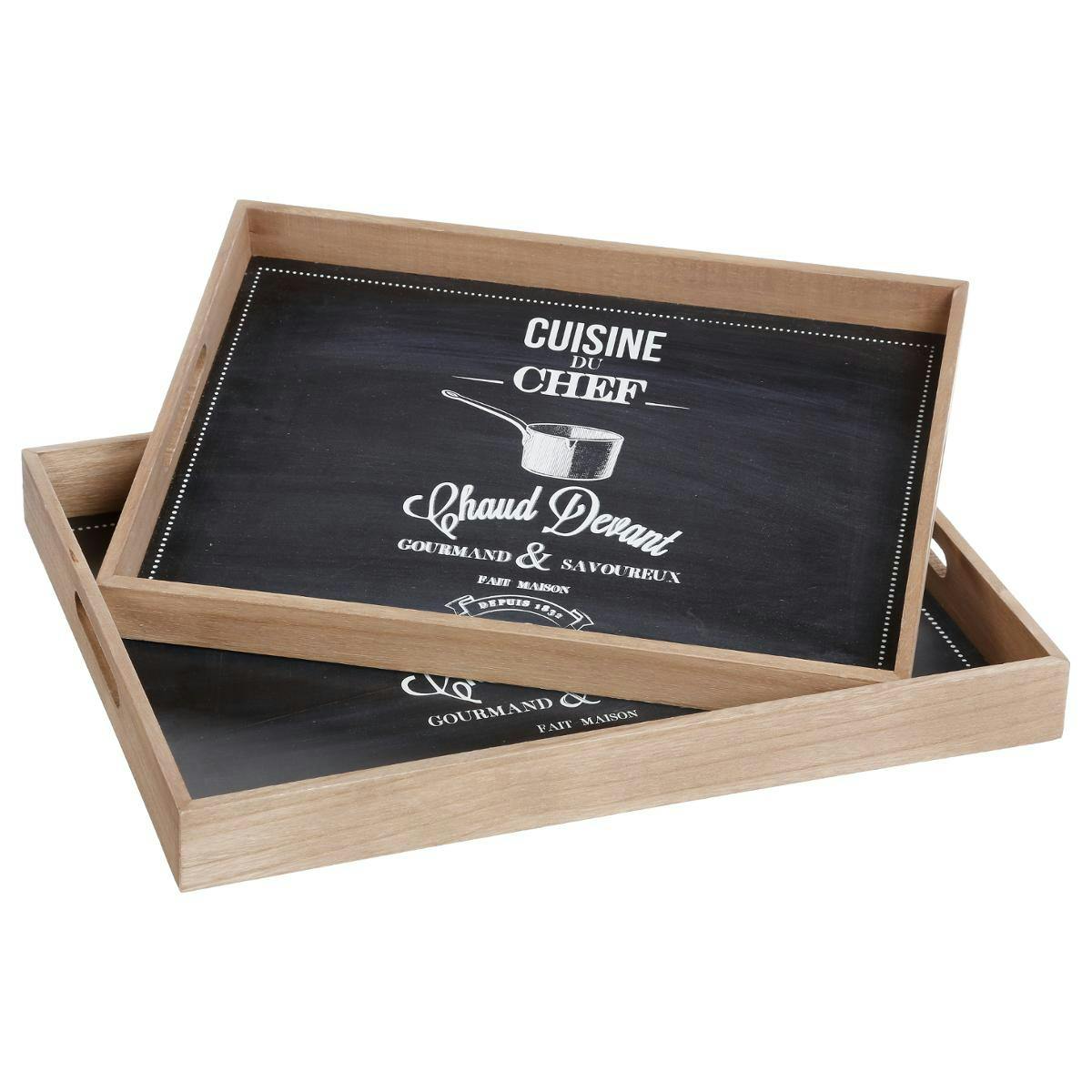 Lot de 2 plateaux rectangle en bois Bistrot "Cuisine du chef" 46x36xH5cm