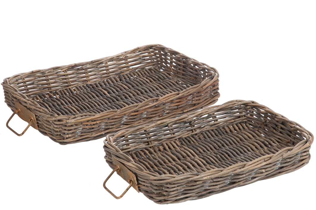Lot de 2 plateaux tressés, poignées métal 65x45cm
