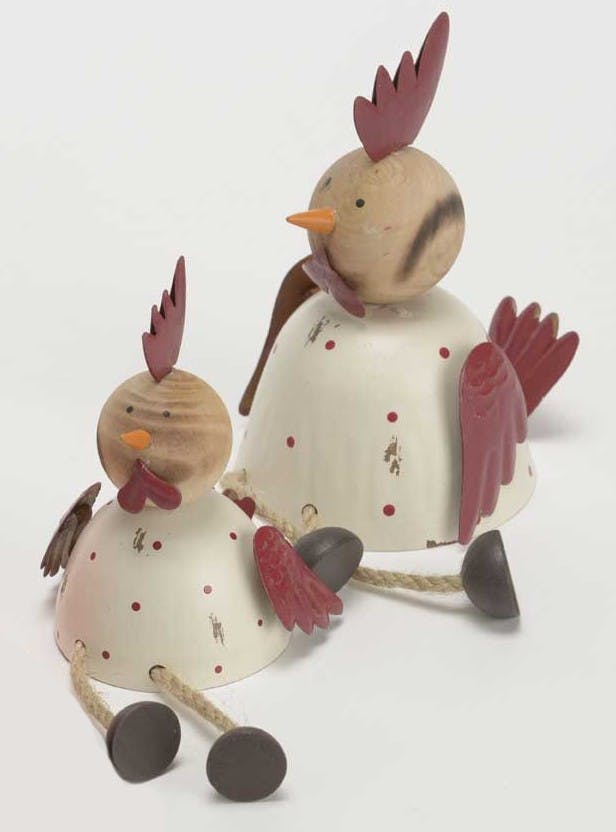 Lot de 2 Poules assises couleur écru à pois et ailes rouges