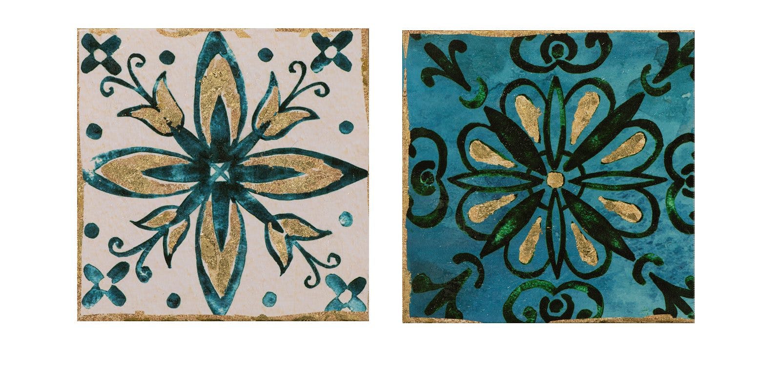Lot de 2 tableaux ABSTRAIT façon carreauX de ciment tons beiges, verts et bleus 25x25cm
