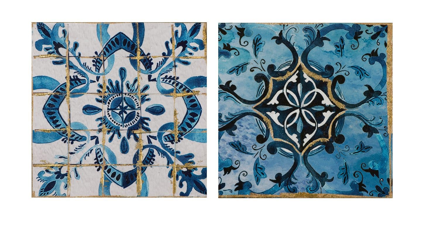 Lot de 2 tableaux ABSTRAIT façon carreauX de ciment tons bleus, dorés et blancs 25x25cm