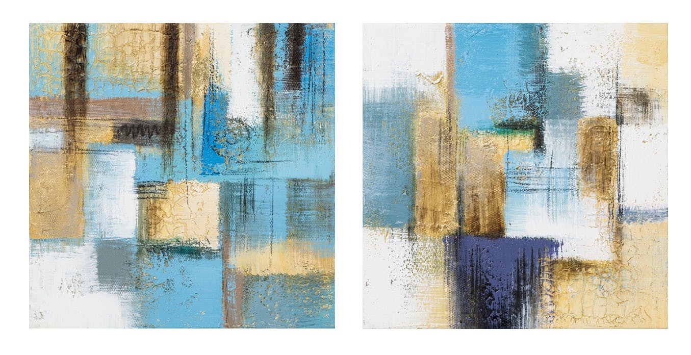 Lot de 2 Tableaux ABSTRAIT façon Patchwork tons bleus, dorés, blancs, noirs et beiges 2x 25x25cm