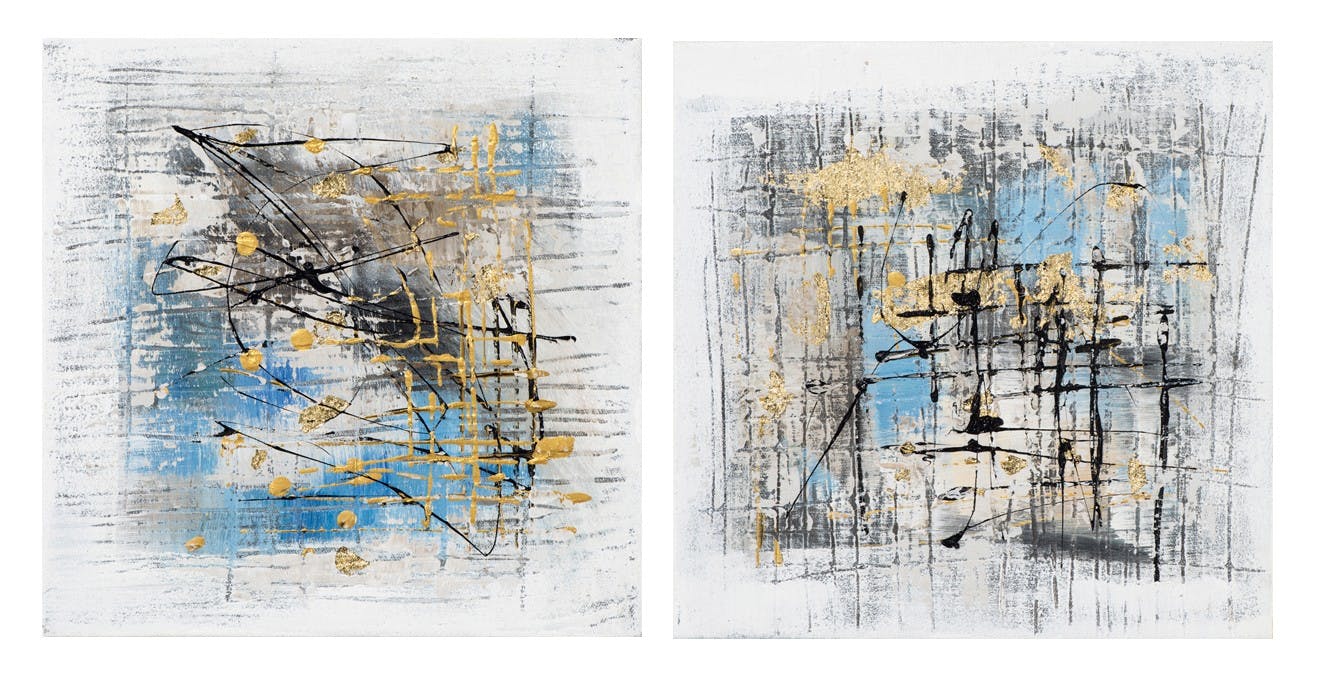Lot de 2 Tableaux ABSTRAIT tons bleus, blancs, noirs et beiges avec effets dorés 2x 25x25cm