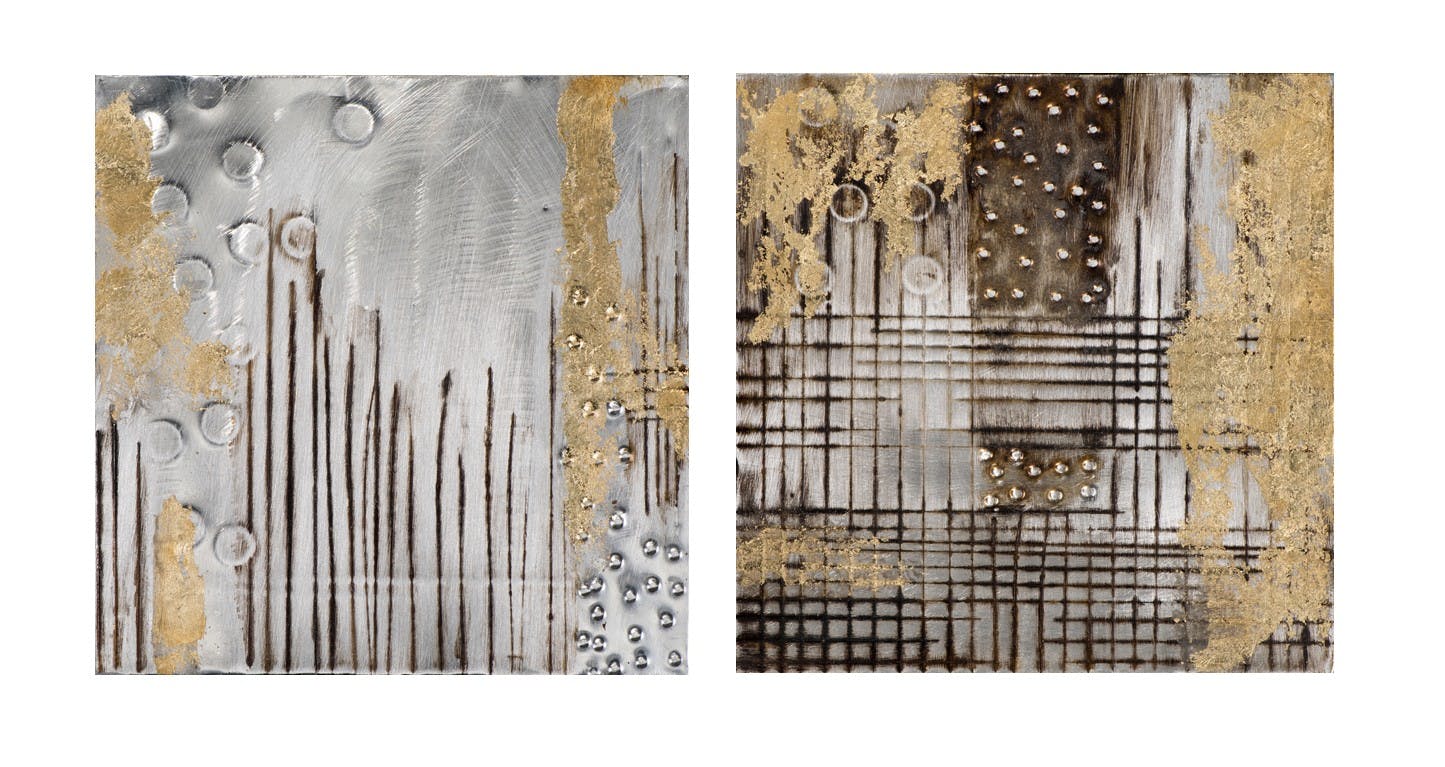 Lot de 2 tableaux ABSTRAIT tons dorés et argentés 25x25cm