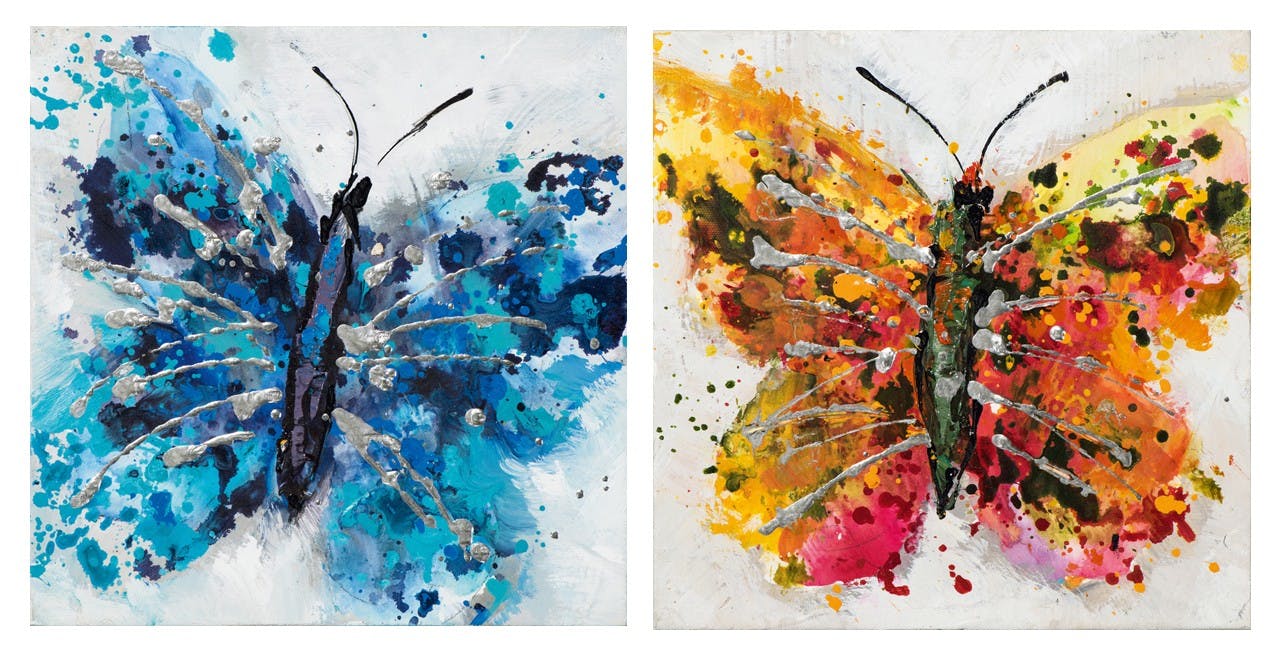 Lot de 2 Tableaux ANIMAL POP-ART Papillon couleurs vives, bleu et orangé rosé 2x 25x25cm