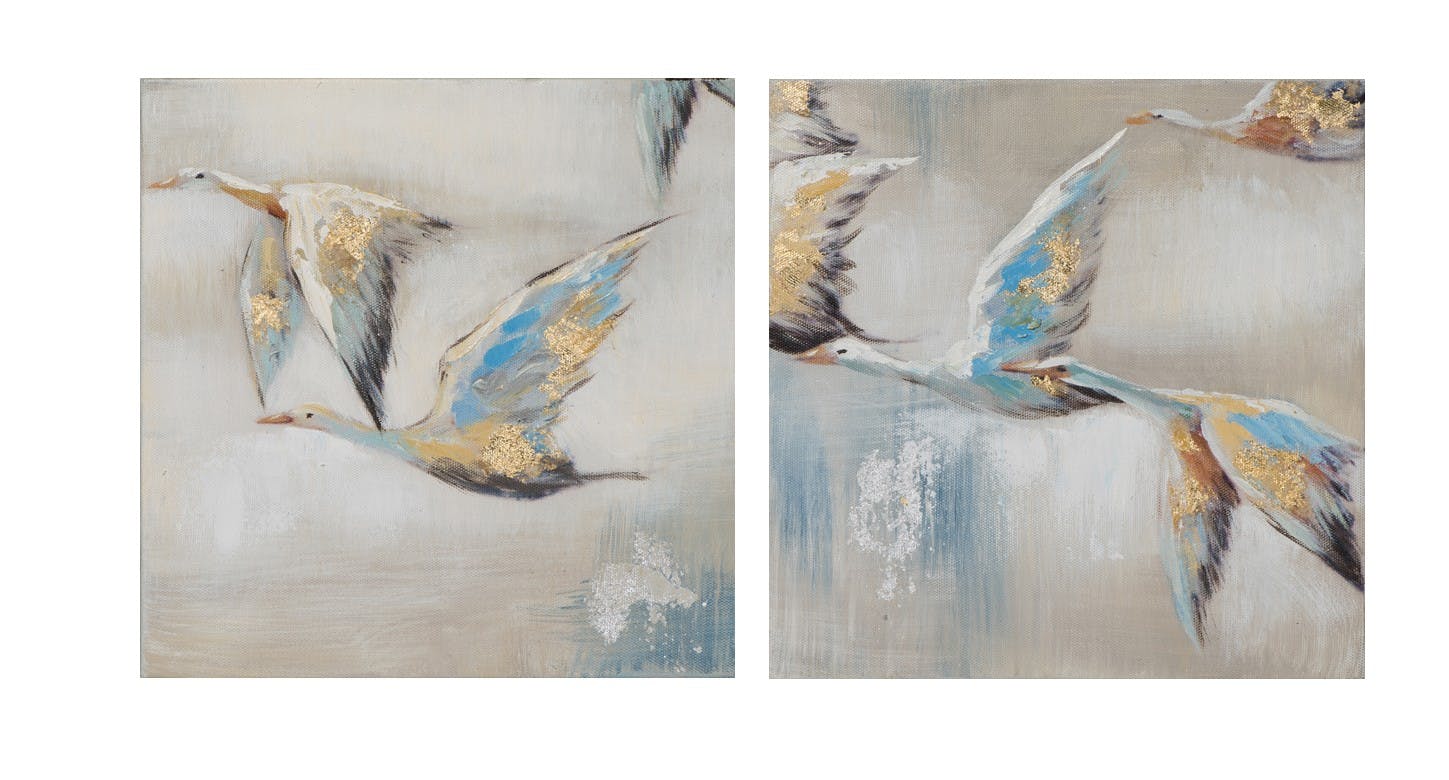 Lot de 2 tableaux ANIMAUX envolée d'oies tons beiges, bruns, bleus et jaunes 25x25cm