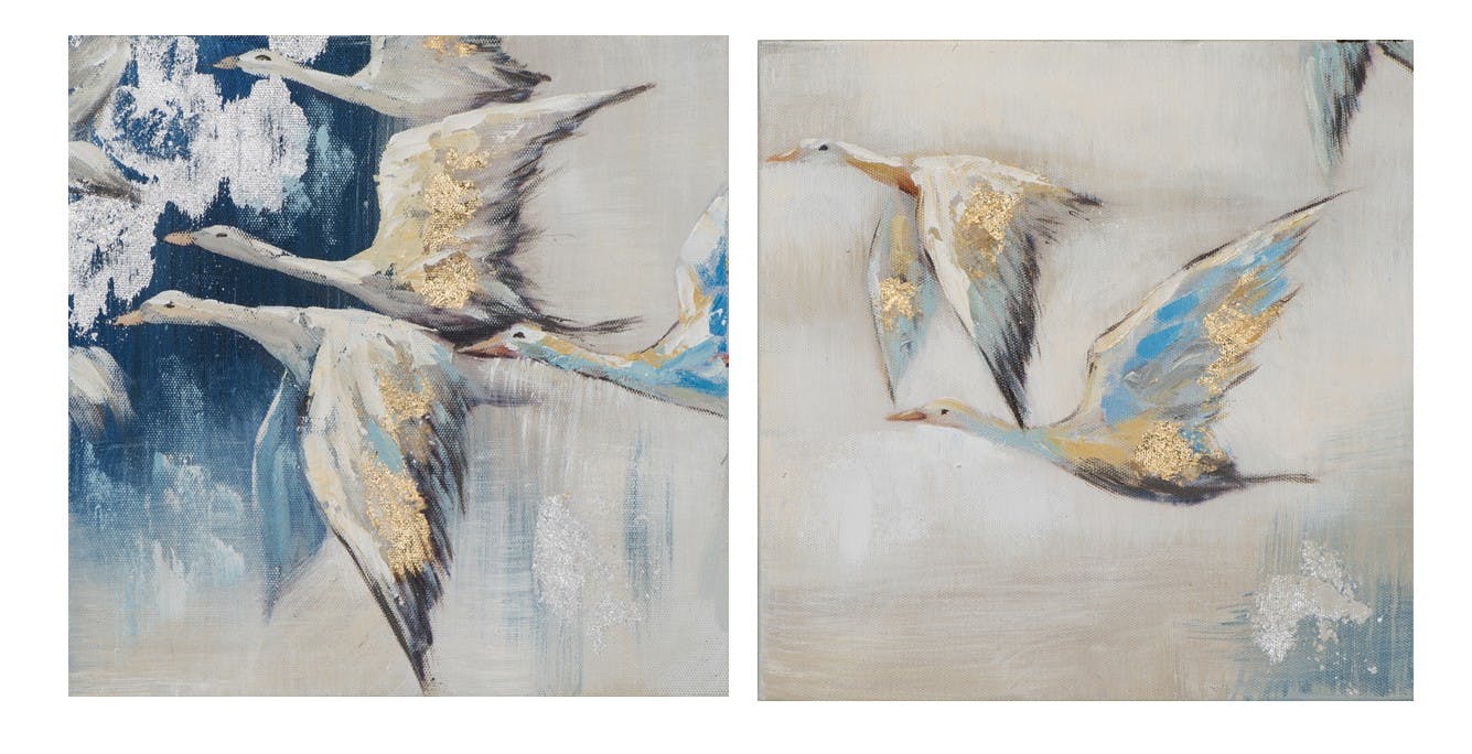 Lot de 2 tableaux ANIMAUX envolée d'oies tons beiges, bruns et bleus 25x25cm