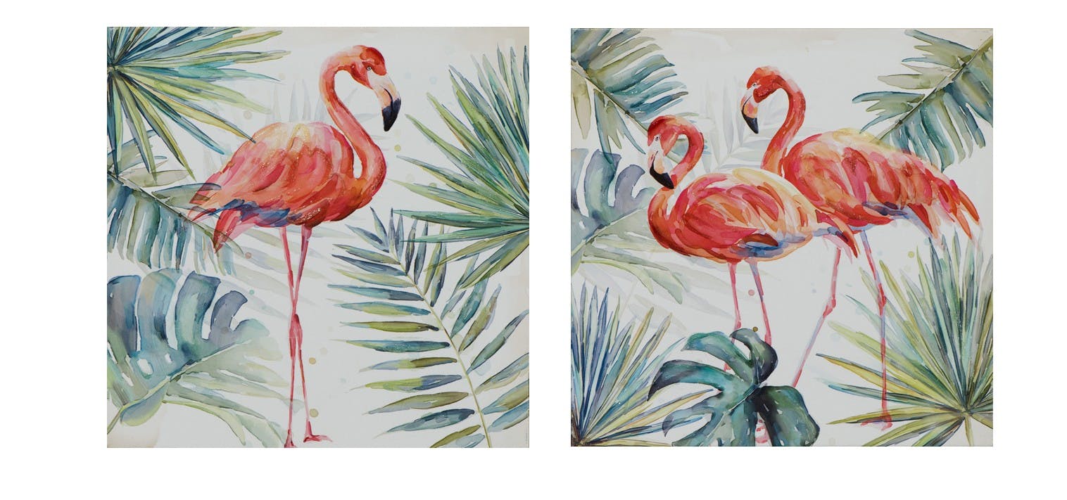 Lot de 2 tableaux ANIMAUX Flamants Roses et feuilles tropicales 25x25cm